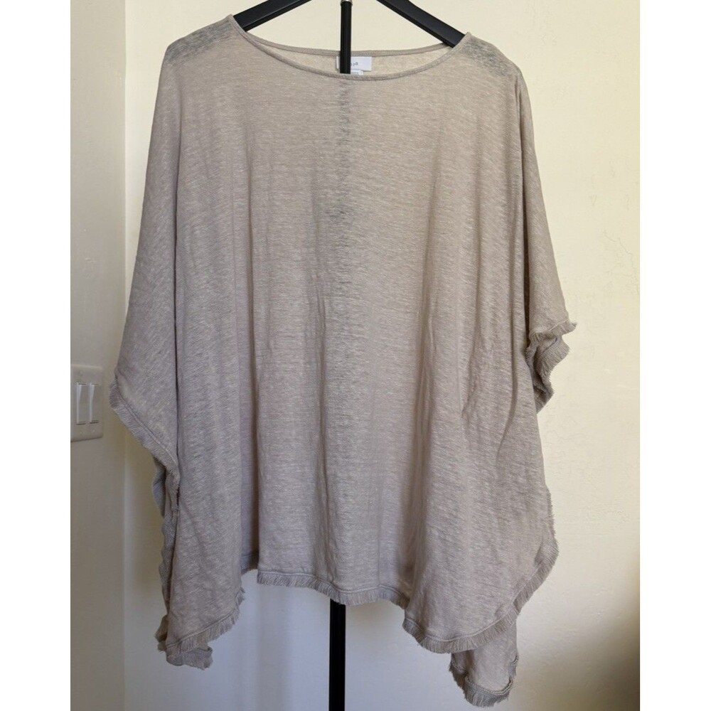 J. Jill Women’s Linen Knit Poncho Top Beige Fringe Hem XL XXL Relaxed Layer Boho